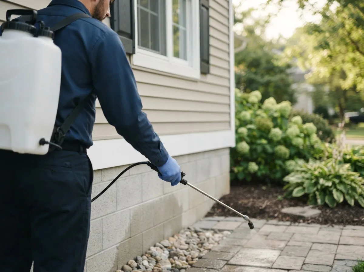 Pest control technician inspecting a home in Kendleton, TX